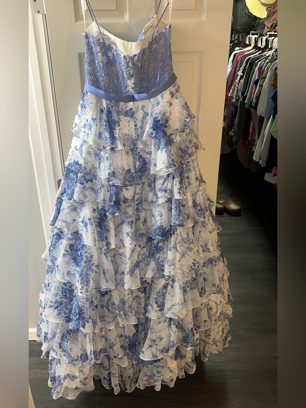 Blue Floral Tiered Ruffle Prom/Pageant/Bridesmaid Dress with Bow - Picture 2 of 5